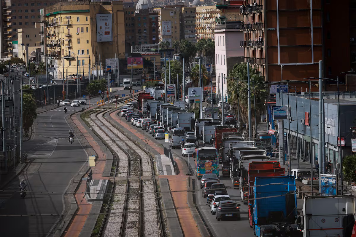 Thursday 22nd Octover from Naples - a View of the truckers' strike blocking the traffic, on Via Marina in Naples
